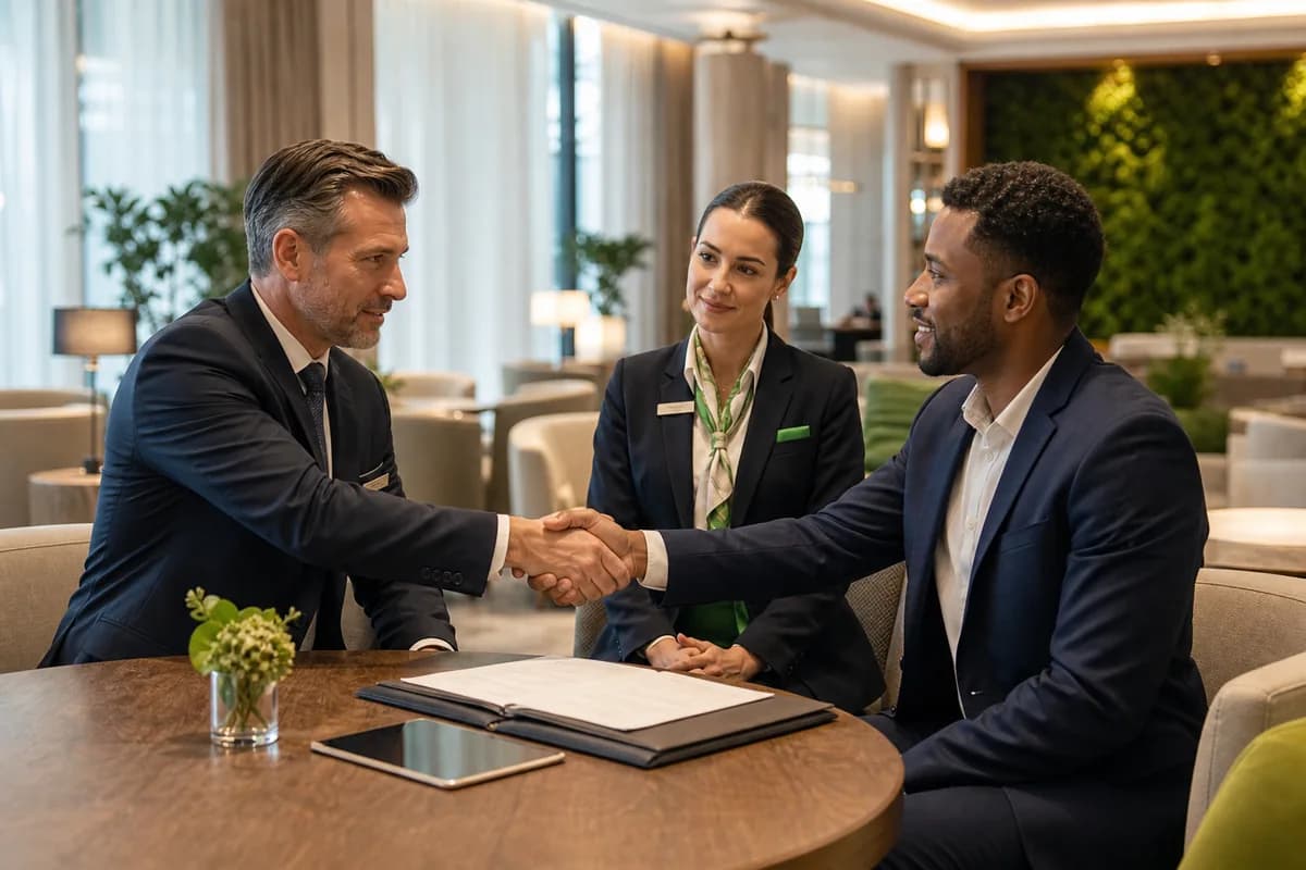 Hotel manager and workforce partner confirming a contract-controlled hospitality placement.