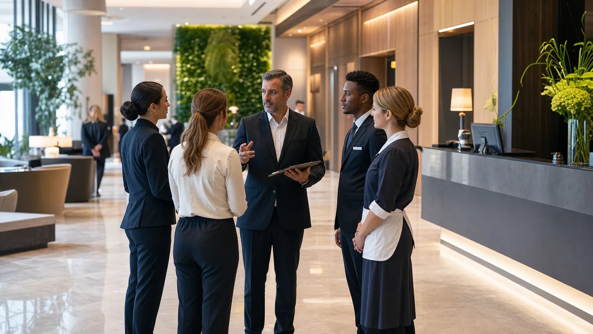 Hotel operations manager briefing verified front desk and service staff in a modern lobby.