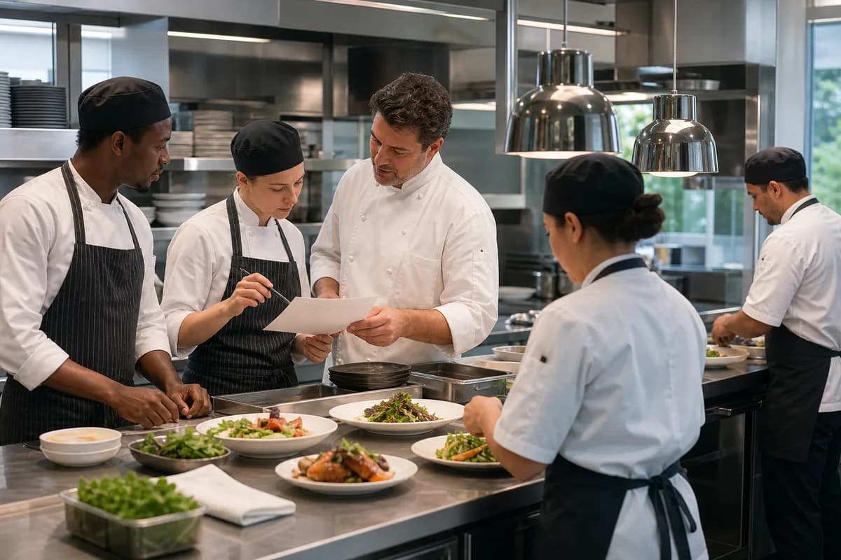 Resort kitchen team coordinating seasonal food service before a busy hospitality shift.