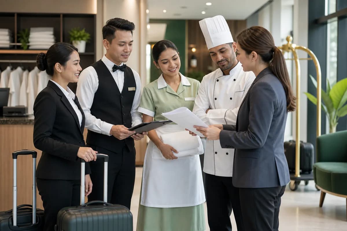 Verified hospitality talents reviewing international placement documents with a coordinator.